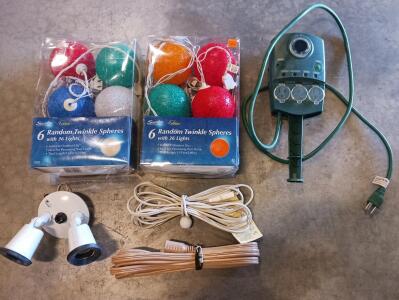 Sienna Twinkle Spheres Multi-Colored String Lights (2x) with Timer, Extension Cords & Outdoor Flood Socket Fixture