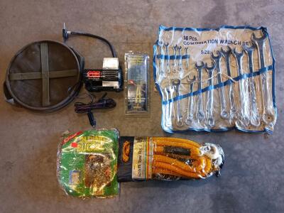 Complete Roadside Emergency Tool Kit - 16pc Wrench Set, 12.5 ft Tow Rope, 200 PSI Compressor, Flares