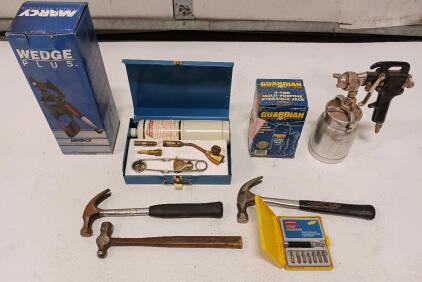 Guardian 4-Ton Hydraulic Bottle Jack, Propane Torch Kit, Vintage Paint Sprayer With Aluminum Can, Stubby Finder Driver Kit, Wedge Plus, (3) Hammers)<br/>