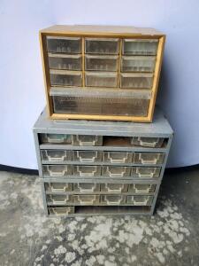 Vintage Small Parts Storage Cabinets, 20-Drawer Metal & 13-Drawer Plastic Combo Organizer