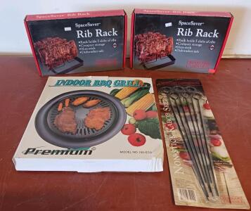 BBQ Grill & Accessories Lot: 2 Charcoal Companion Rib Racks, 13" Grill, 6 Kabob Skewers