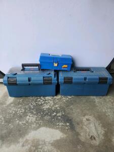 Set of 3 Plastic Toolboxes &ndash; Rubbermaid & Plano, Removable Trays, Handles, Blue Color, Large & Small