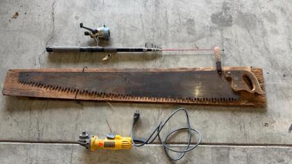 DEWALT DWE4012 4-1/2" Angle Grinder, Vintage 2-Man Crosscut Saw, Telescopic Spinning Rod