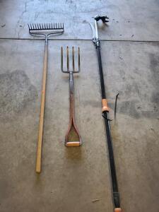 Bow Rake, D-Grip Pitchfork, and Telescoping Pole Tree Pruner/Lopper Set, Wood & Steel