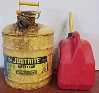 Justrite 5 Gal Steel Safety Fuel Can & 5 Gal Red Plastic Gasoline Container with Spouts