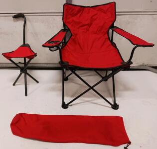 Red Folding Camp Chair & Tripod Stool Set, Steel Frame, Cup Holder, Carrying Bag Included