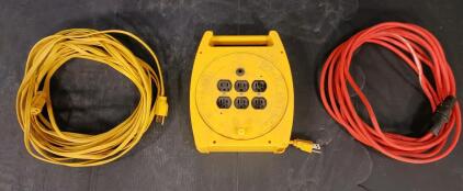 6-Outlet Portable Power Cord Reel, 10A 125V 1250W, w/ Yellow & Red Extension Cords, Taiwan