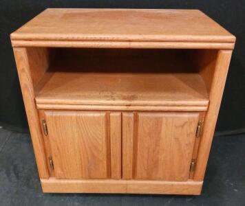 Small Oak Cabinet with Doors & Open Shelf, Casters, Rear Cable Access &ndash; Great for Home or Office