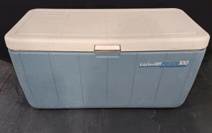 Coleman Poly Lite 100 Cooler, 100 Quart, Blue/White, Hinged Lid, Drain Plug, Swing Handles