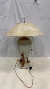 Mid-Century Table Lamp, Ceramic/Stone Base, Metal Legs, 28"H, 24" Shade, Inline Cord Switch