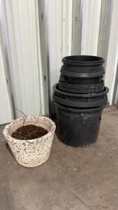 Large Decorative Aggregate Concrete Planter (22"x18") and 5 Heavy Duty 20-Gallon Nursery Pots