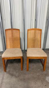 Pair of Cane Back Dining Chairs, Oak Frame, Beige Upholstered Seats, Mid-Century Modern Style