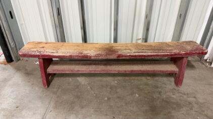Rustic Wooden Bench, 72" Long, Distressed Red Paint, Lower Shelf, Primitive Construction
