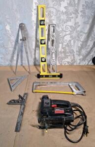 (1) Master Mechanic Variable Speed Jigsaw, (1) Hacksaw, (3) Levels, (1) Combination Square, (1) Speed Square & (1) Vintage - 19" Tall Inside/Outside Caliper with Locking Dial