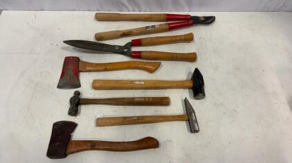 Mixed Lot Stanley & Vintage Hatchets, Hammers, Shears, Pliers &ndash; 7 Hand Tools, Wood Handles