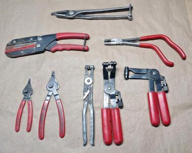 (3) Pair Of Hose Clamp Pliers, (2) Pair Of Snap Ring Pliers, (1) Hose Sutter, (1) Pair Of Pistol Grip Pliers & (1) Pair Of Brake Spring Pliers