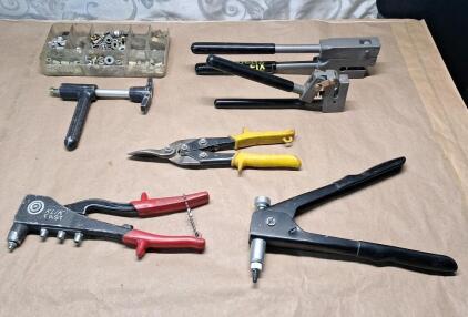 (2) Hand Rivet Guns, (2) Heavy-Duty Hole Punch Pliers, (1) Pair Of Tin Snips & Threaded Insert Tool