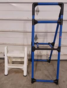 Folding 2-Step Ladder (Blue/Black) and Folding 2-Step Plastic Step Stool (White), Portable, 225 lb Rated
