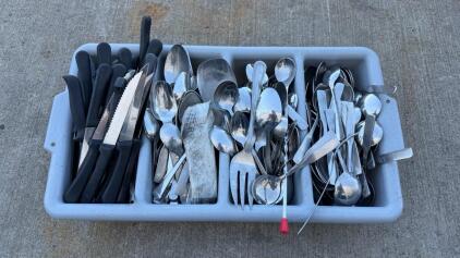 Large Lot of Assorted Commercial Stainless Flatware & Knives in Rubbermaid Tray &ndash; 70+ Pieces