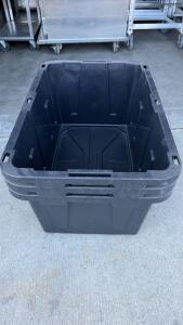 (3) Heavy Duty 27 Gallon Black Storage Tote, Stackable, Reinforced, Handles Included