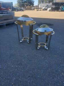 Modern Stainless & Brass Chafing Dish Set, 8 Qt and 5 Qt, Freestanding, Dome Lids, Catering Buffet