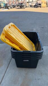 (4) Heavy Duty 27 Gallon Black Storage Tote With 3 Yellow Lids, Stackable, Reinforced, Handles Included