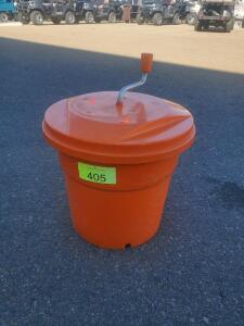 Manual Rotary Broadcast Spreader, Orange Plastic Hand Crank, 3-5 Gal Capacity, Auction Label 405