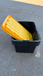 (3) Heavy Duty 27 Gallon Black Storage Tote With 2 Yellow Lids, Stackable, Reinforced, Handles Included