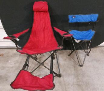 MEC Blue Folding Camp Chair & Red Reclining Lounger with Headrest, Footrest, Cup Holders