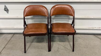 Pair of Brown Padded Metal Folding Chairs &ndash; Vinyl Upholstery, Stackable, Steel Frame