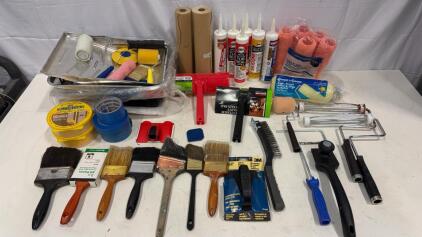Mixed Lot Painting & Caulking Tools: Brushes, Rollers, Trays, Tape, Caulk, Prep &ndash; 30+ Pieces