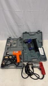 Milwaukee 5378 Drill 3/8" 115V SN:43074166, Chicago Electric Heat Gun Kit w/Case, TEM 4016 Nailer