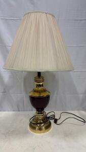 Traditional Table Lamp, Brass and Burgundy Base, Pleated Cream Shade, Rotary Switch, 26" Height