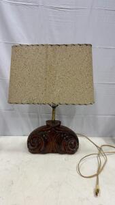 Mid-Century Modern Table Lamp, Brown Glazed Ceramic Base, Rectangular Speckled Shade, 22"