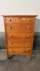 Solid Pine 5-Drawer Dresser Chest, Rustic Style, Natural Finish, Wooden Knobs, Lockable Top Drawer