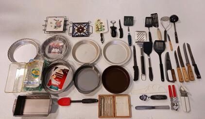 Mixed Bakeware & Kitchen Utensils Lot: Baker's Secret, Pyrex, Ecko, Knives, Pans, Tools, 30+ Pieces