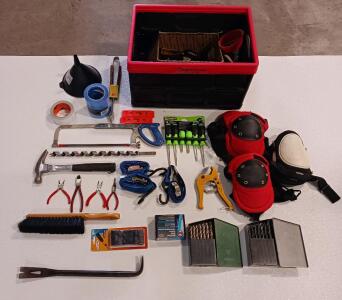 Large Mixed Hand Tool Lot with Stanley Screwdrivers, Husky Knee Pads, InstaCrate Storage Box