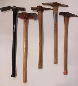 Husky 2.5 lb Fiberglass Pick, 8 lb Wood Sledgehammer, 3 Vintage Wood Handle Pickaxes - Lot of 5