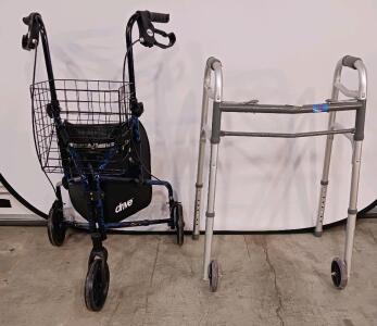 Drive Medical 3-Wheel Rollator Walker Blue with Basket Brake & Standard Folding Two-Wheel Walker
