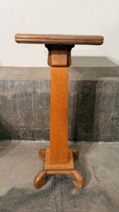 Solid Oak Pedestal Stand &ndash; Arts & Crafts Style, 30"H, Square Top, Curled Feet, Display/Plant Use