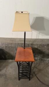 Floor Lamp End Table with Wooden Top, Metal Base, Fabric Shade, Storage Rack, 59&rdquo; Height