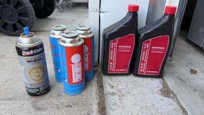 Mixed Lot: Iwatani Cassette FEU Butane Canisters (4), Honda 10W-30 Oil (2), Dupli-Color Wheel Paint