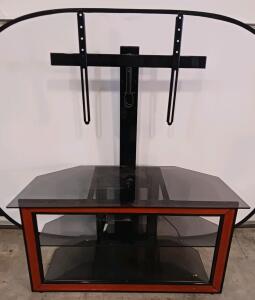 TV Stand with Mount, 3 Glass Shelves, Fits up to 65" TVs, Black Frame, Wood Accent
