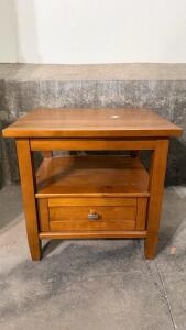 Square Wooden End Table with Drawer & Shelf, 24"x24"x24", Medium Brown Stain, Metal Handle