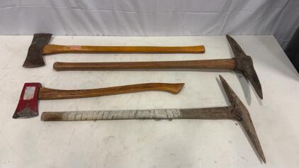 Vintage Double Bit Axe, Single Bit Axe, and 2 Pickaxes &ndash; Wood Handles, Steel Heads, 28"-36" Length