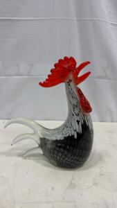 Hand-Blown Art Glass Rooster Figurine, Murano-Style, Red/Black/White, 10" Tall