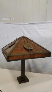Arts & Crafts Ceiling Light, Handmade Metal & Mica Shade, Leaf Motif, 26" Tall, 4-Light