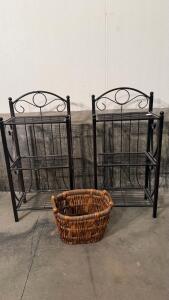 Pair of Black Metal 3-Shelf Decorative Racks with Handles plus Large Round Wicker Basket, 24"x36"