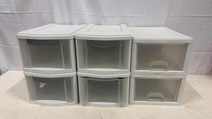 Sterilite Stackable 1-Drawer Storage Organizer Lot of 6, White Plastic, Mixed Handle Styles, 16"x13"x11"