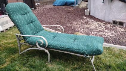 (2) Metal Outdoor Patio Chaise Lounge Chair with Green Patterned Cushion, Adjustable Back, 78"x26"